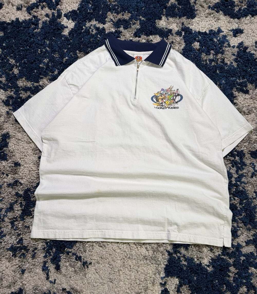 Vintage 1998 Looney Tunes Golf Polo Zip Shirt White Bugs Taz Tweety Small